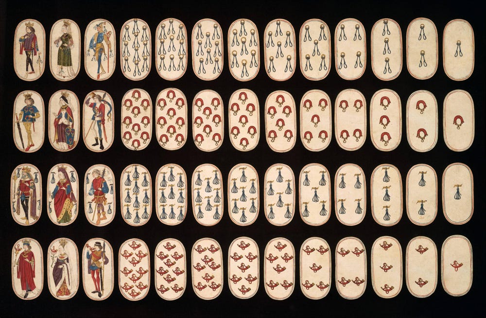Oldest known full deck of playing cards, circa 1470-1480.jpg