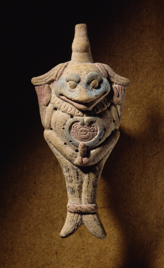 A pre-Columbian Toad Ocarina, ca. 700-900 AD, from the Nopiloa culture of Veracruz, Mexico. Slip-painted ceramic, 22.86 cm.jpg