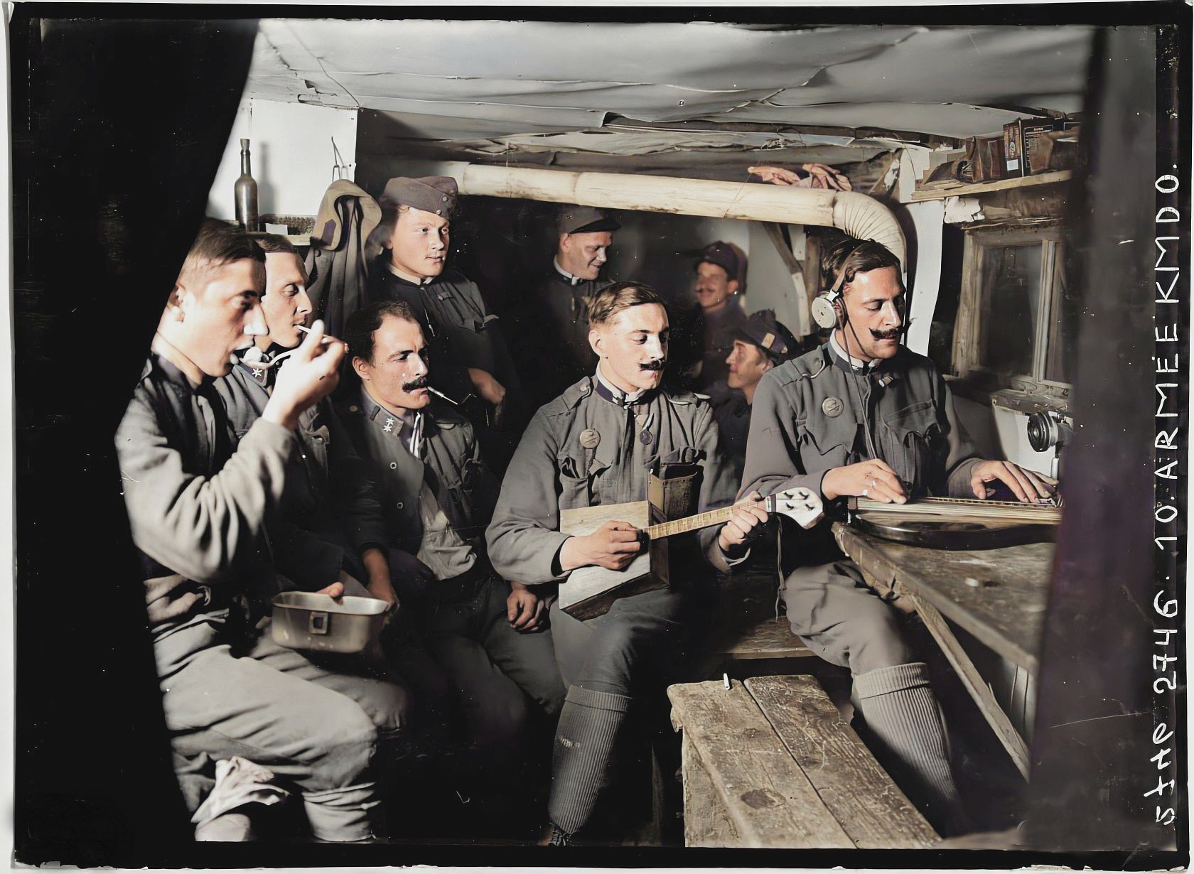 Habsburg officers playing music into radio transmitters that broadcast it to soldiers in nearby trenches, WW1, 1917 (Colorized).jpg