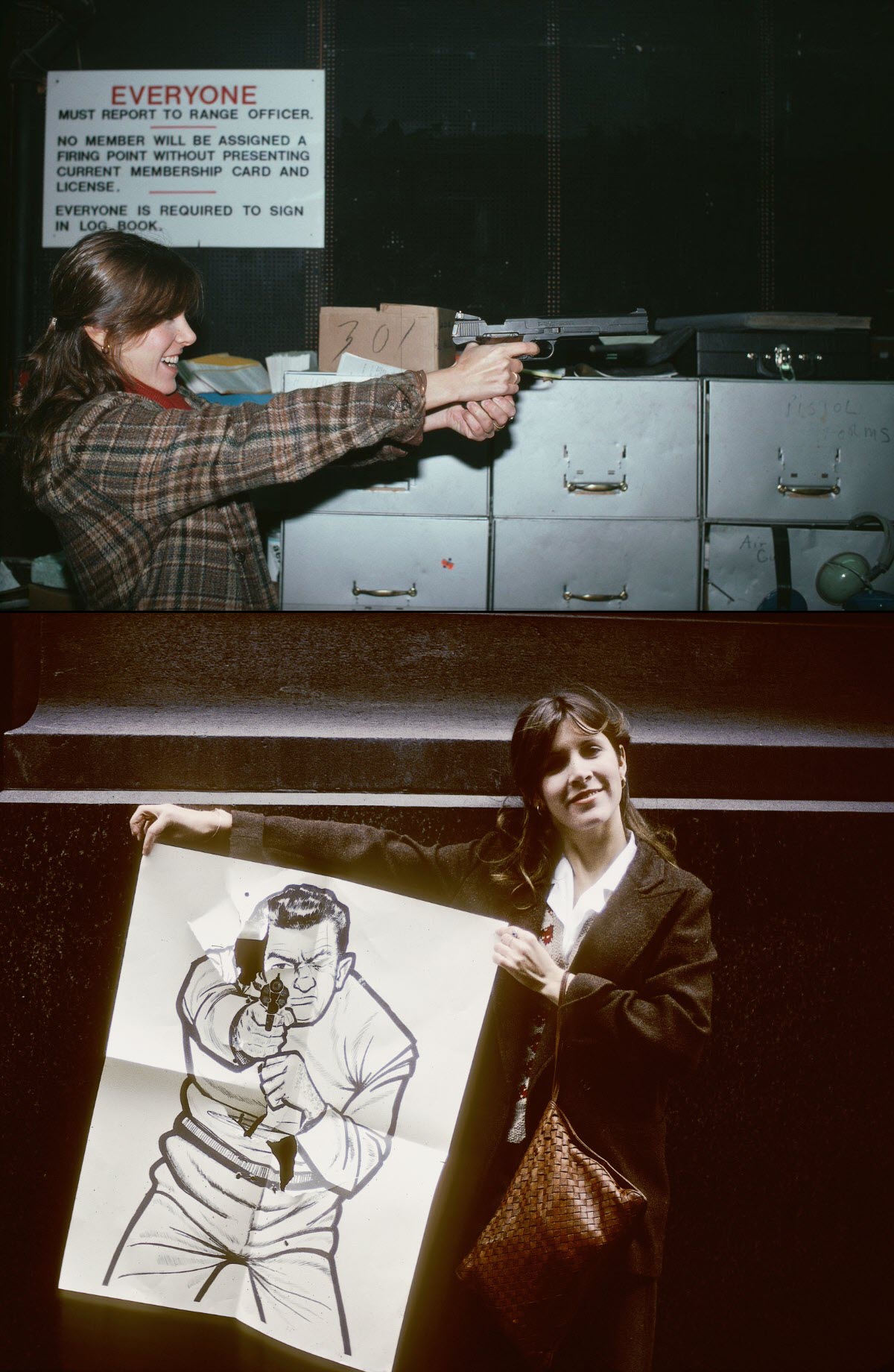 Carrie Fisher practicing for role in 'Empire Strikes Back' at a New York firing range, 1979.jpg