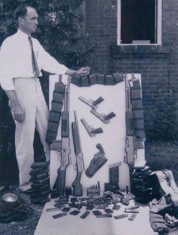 The Arsenal of guns and ammunition found in Bonnie & Clyde’s car after they were killed in the ambush by law enforcement, 1934.jpeg