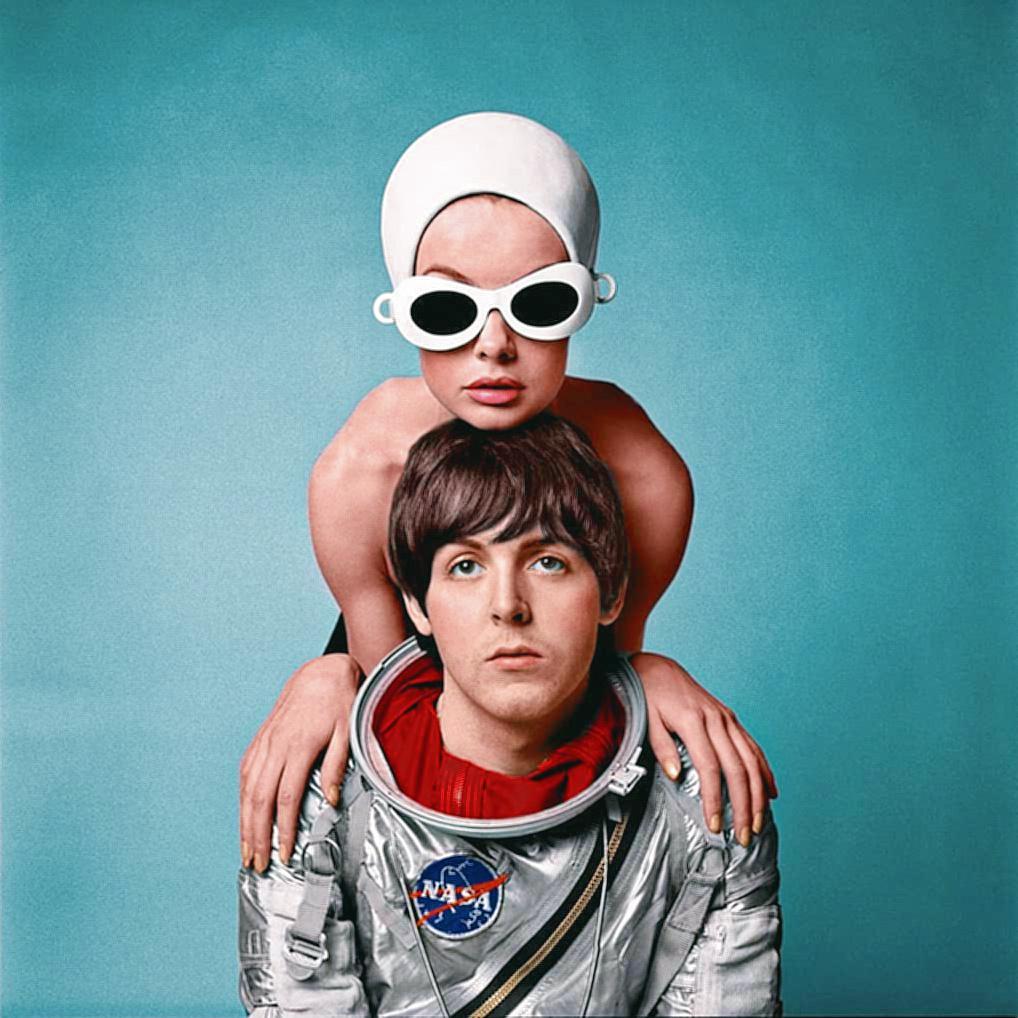 Paul McCartney wearing a NASA Mercury spacesuit with Jean Shrimpton (aka The Shrimp) in 1965.jpg