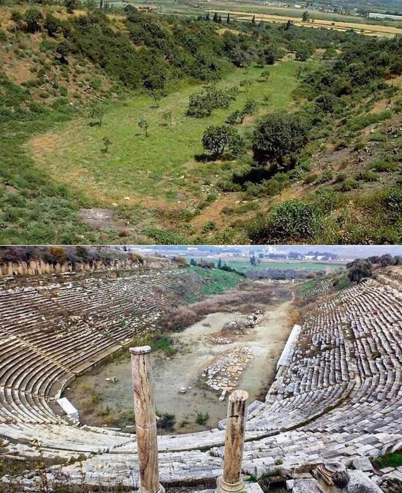 The ancient stadium of Magnesia in Turkey before and after the excavation started. The stadium was built in the 1st century CE and has a capacity of 40,000 people.jpg