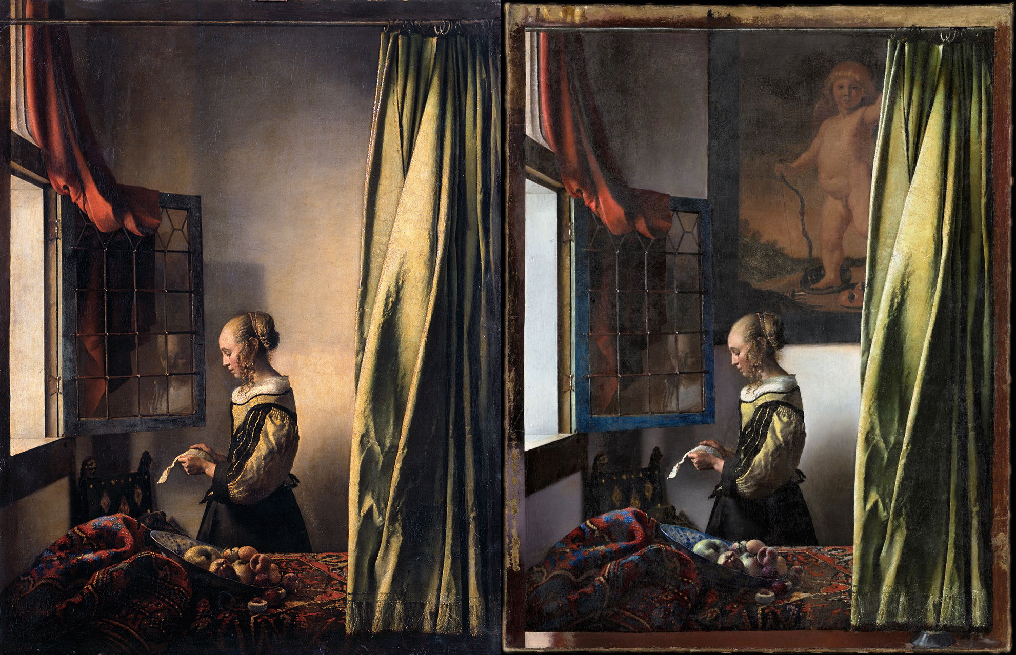 Restoration of Vermeer’s Girl Reading a Letter at an Open Window (1657-59) reveals Cupid in a picture-within-a-picture that was overpainted years or even decades later.jpg