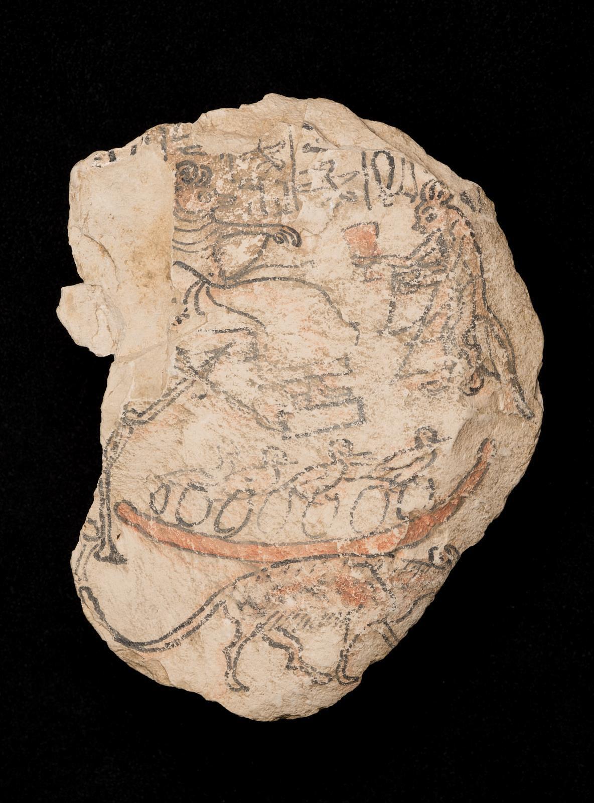 Satirical painted scenes-mouse being waited on by a cat (top) and cat playing nursemaid to a nest full of eggs and fledglings (bottom). Limestone ostracon dated to 1295 - 1070 BC. Ancient Egypt.jpg