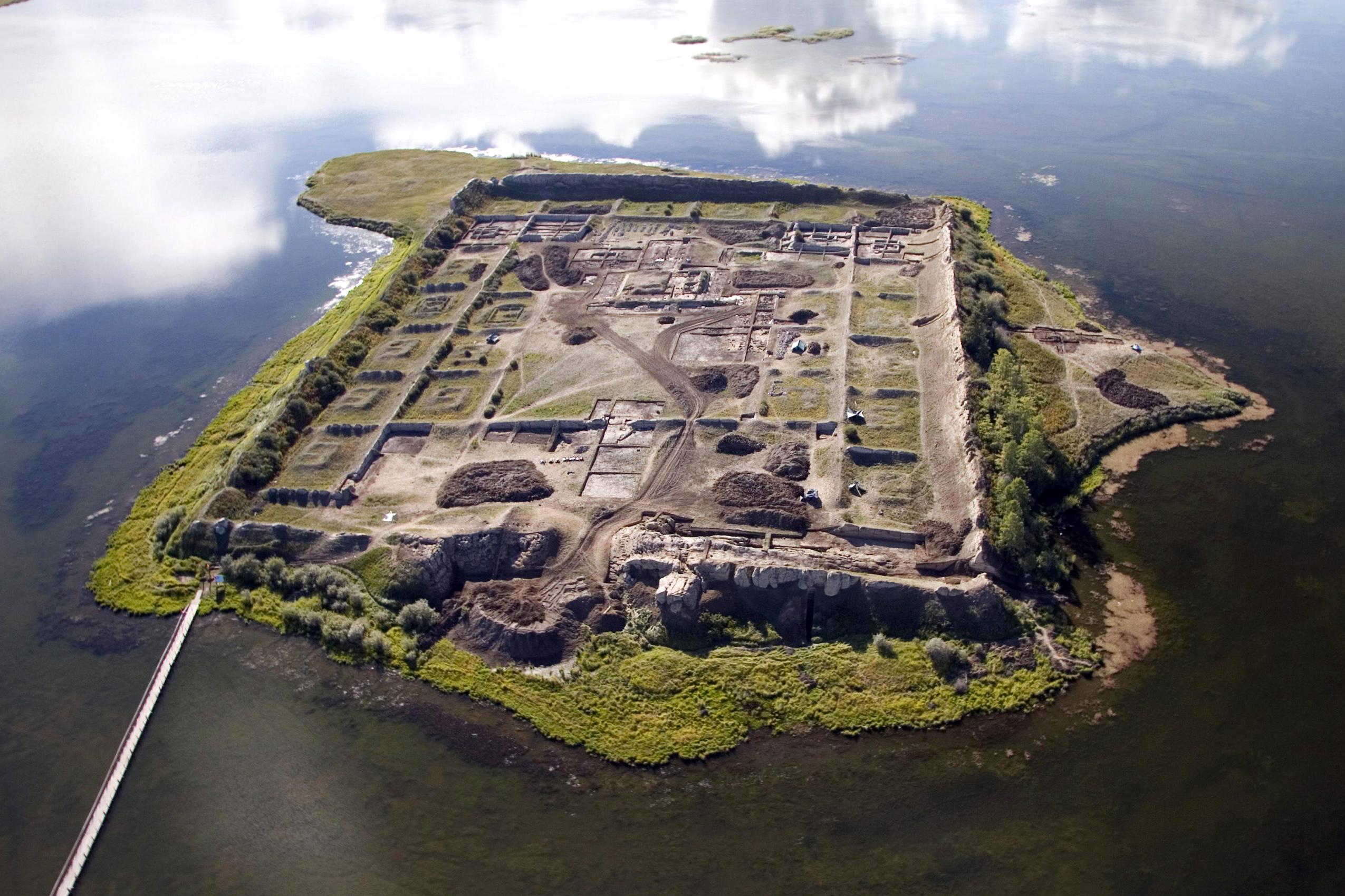 The ruins of Por-Bazhyn, built on an island in a Siberian lake. Southern Russia, Uyghur Khaganate, circa 777 AD.jpg