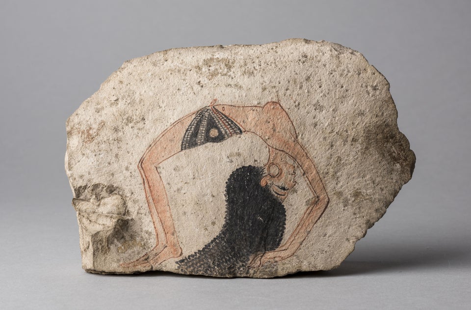 Figured ostracon showing a dancer in an acrobatic position, dated to 1292 - 1076 BC. Ancient Egypt.jpg