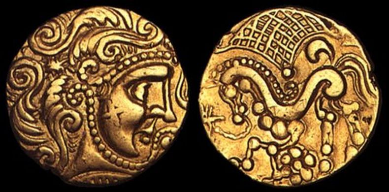 A Celtic gold coin minted by the Parisii, a Gaulish tribe who lived in northern France. It dates from the 1st-2nd century BCE.jpg