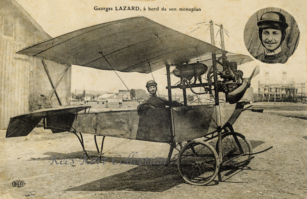 The home-built parasol wing aeroplane of Georges Lazard, who poses proudly in his machine. France, 1913.jpg