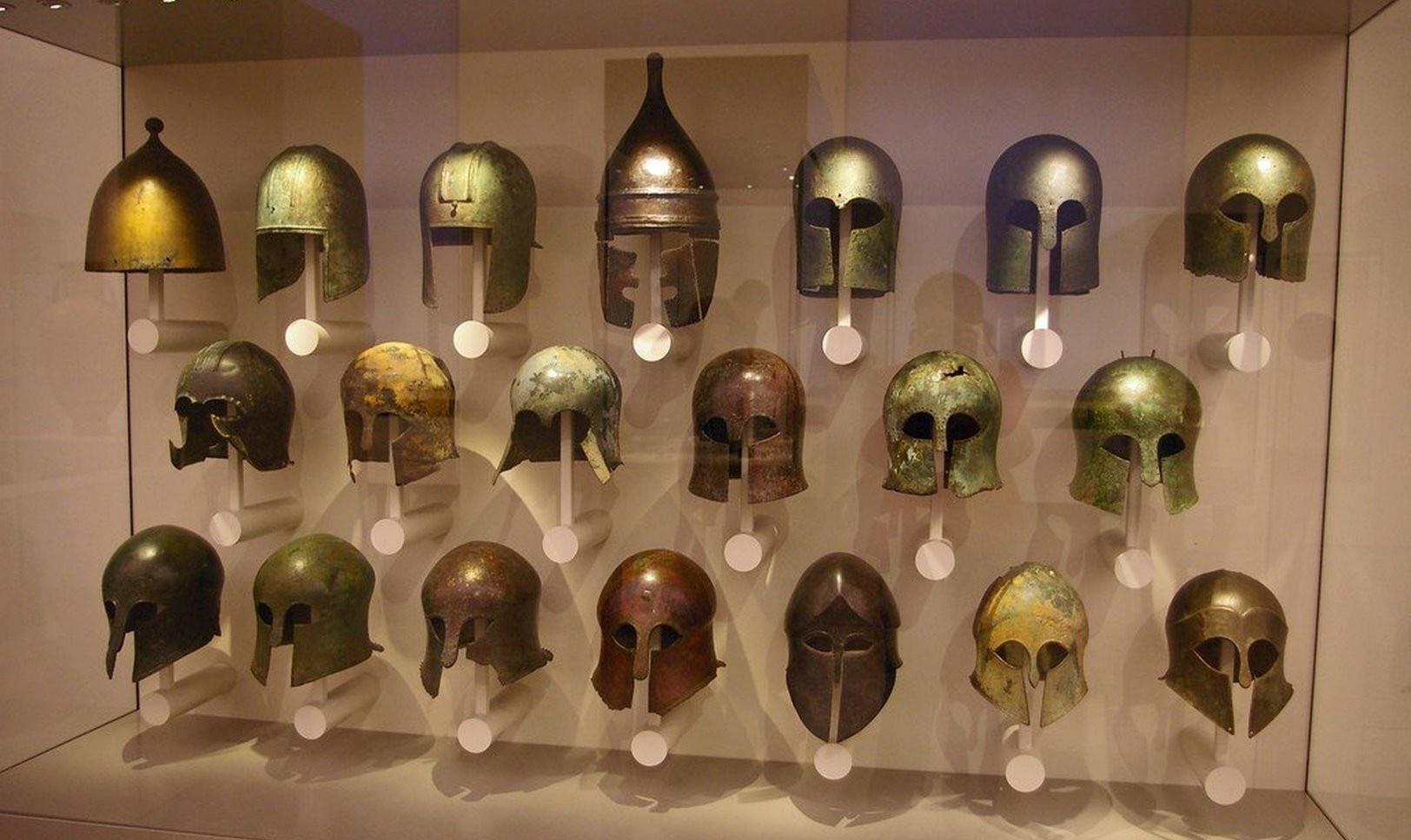 Ancient Greek helmets on display at the Altes Museum in Berlin.jpg