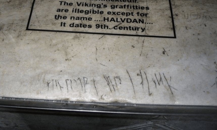 Around 1100 years ago, in the 9th century, a bored Viking named Halvdan (Halfdan) carved his name on a marble slab at the upper gallery of Hagia Sophia. The text was Old Norse, and it was carved in runic letters.png