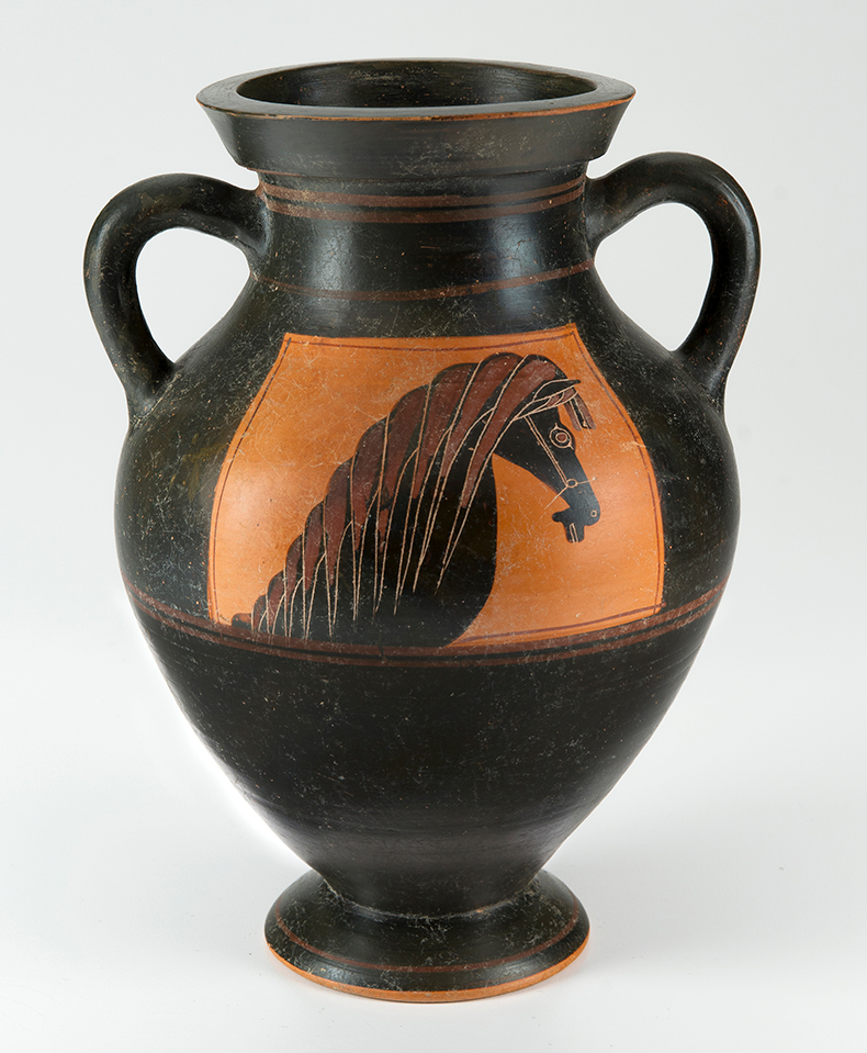 An ancient Greek horse-head amphora, attributed to the workshop of Gorgon Painter. Ca. 580-570 BCE, terracotta.jpg