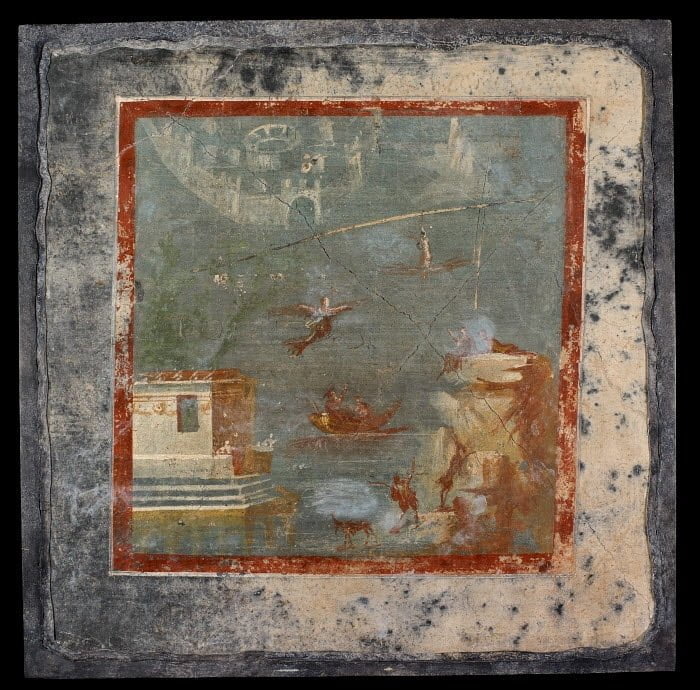 Roman fresco showing Icarus fall into the sea. In the background you can also see a fortified coastal city and amphitheater. The object is located in Pompeii; half of the 1st century CE.jpg