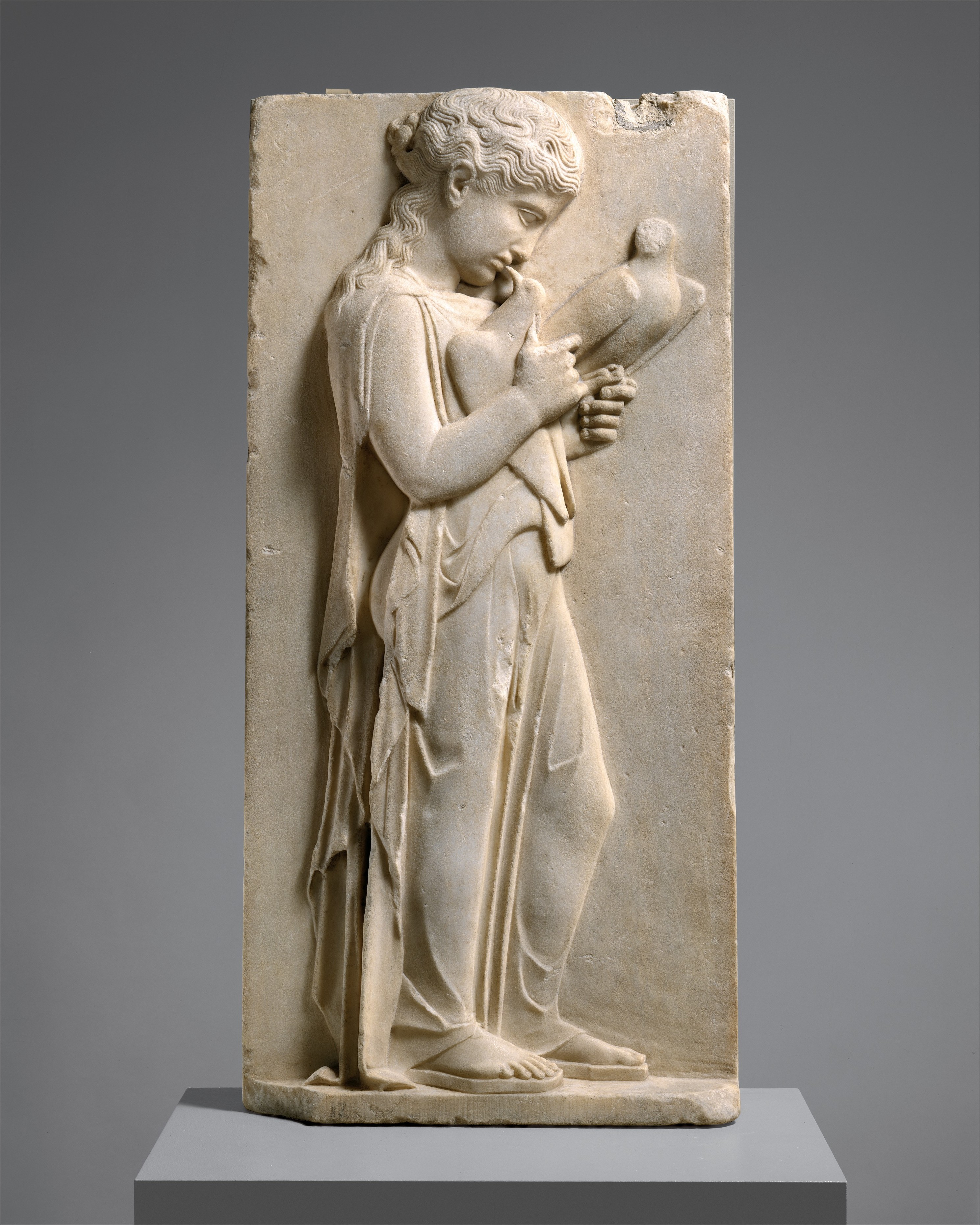 Marble grave stele of a little girl bidding farewell to her pet doves, Greece 450–440 BCE.jpg