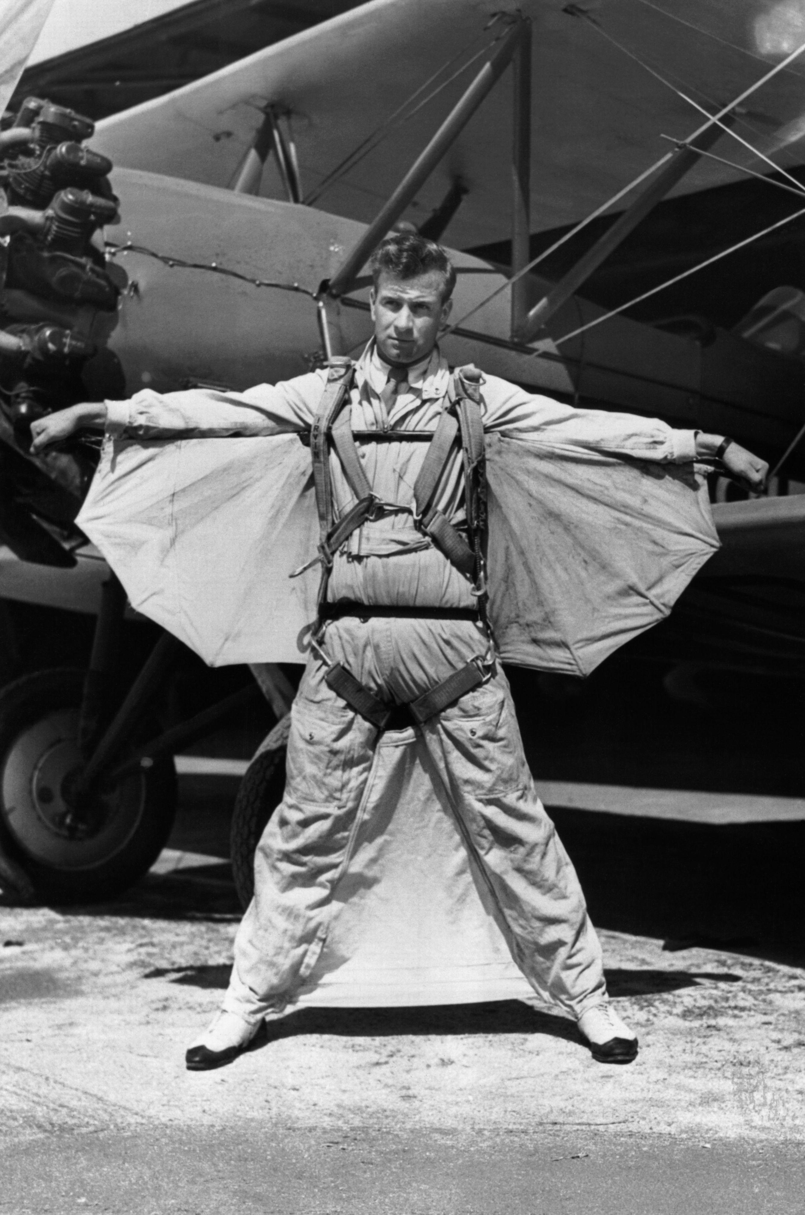Clem Sohn successfully jumped from a plane at 12, 000 feet wearing homemade wings and webbing (wingsuit) which weighed only eight pounds, 1935.jpg
