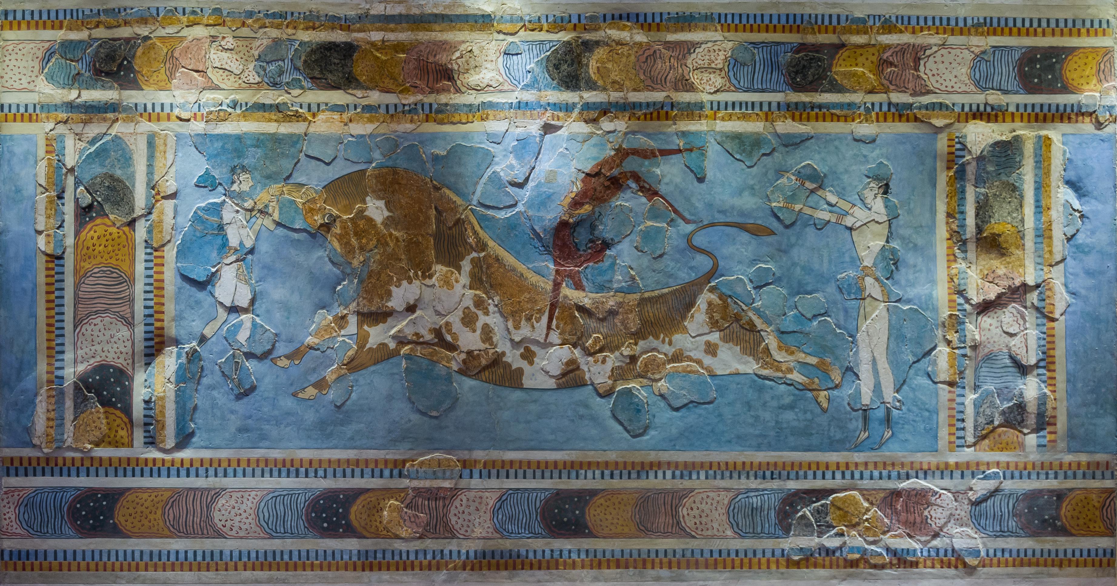 The famous Bull Leaping Fresco at the Minoan palace of Knossos, Crete. Dated 1600 -1450 BCE.jpg