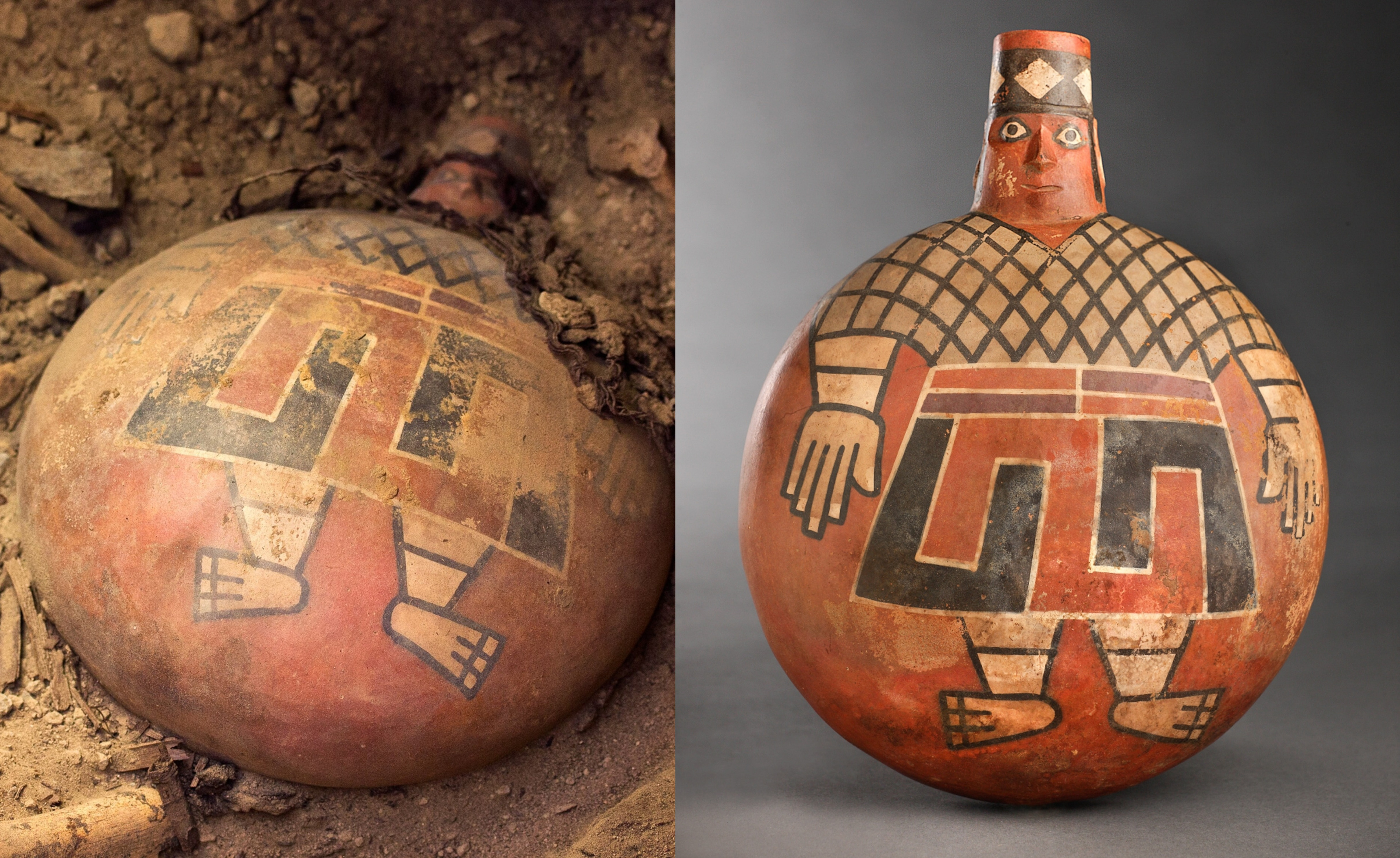 A painted ceramic flask found in a 1,200-year-old Wari tomb in 2013, Peru.jpg