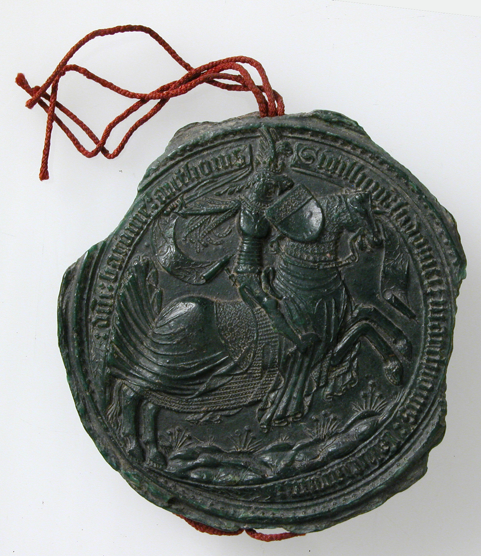 Green wax seal impression of Louis, Marquis of Salcuces, featuring a mounted warrior, Dutch, c. 1358.jpg