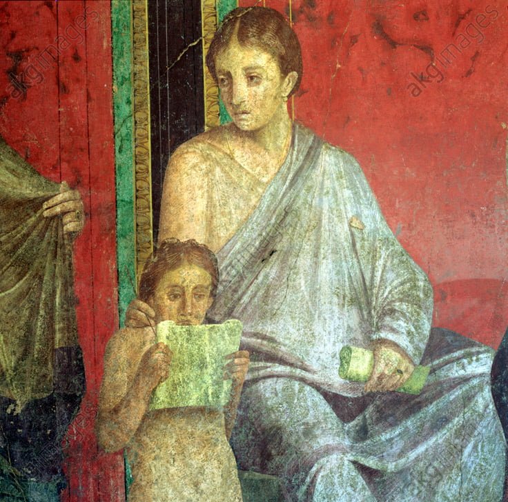 Detail from Roman fresco showing young girl reading. Dated back to 1st century BCE. Object located in Villa of the Mysteries, Pompeii.jpg