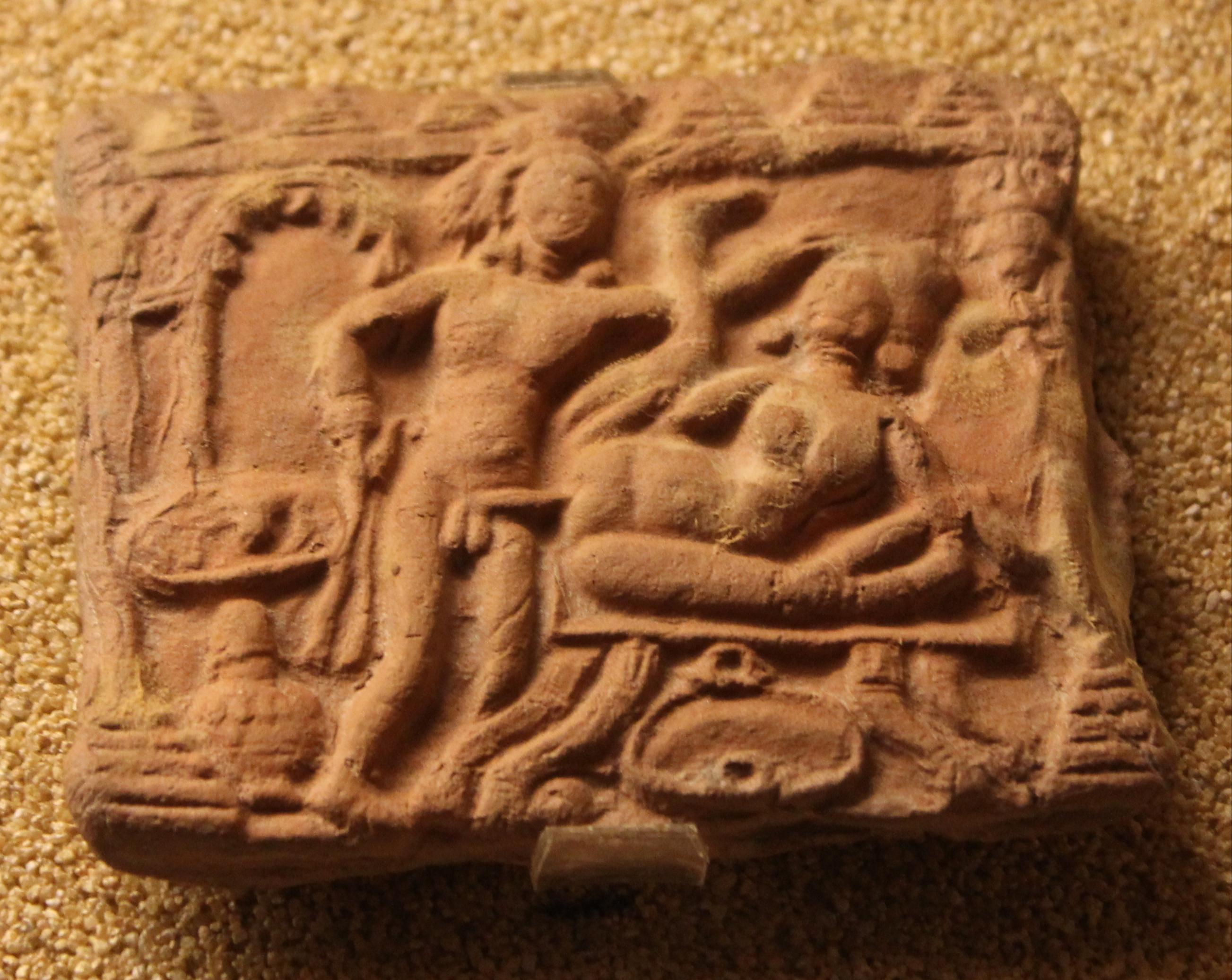 Erotic scene, terracotta, 800-400 BCE, Chandraketugarh. Now on display at Chandraketugarh Museum, Kolkata, India.jpg