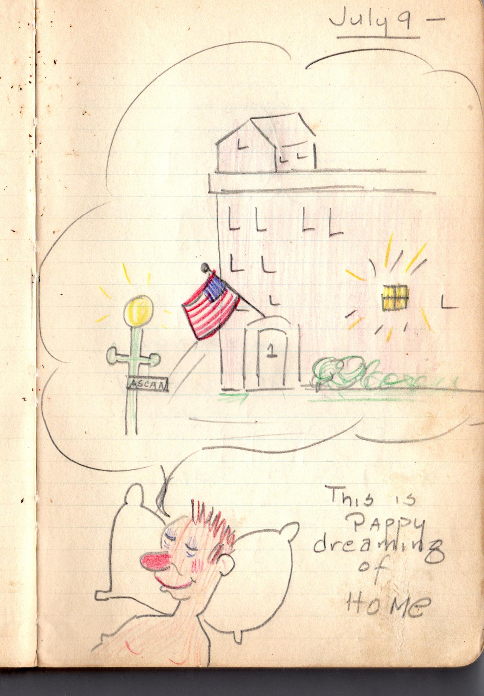 My Great-grandfathers cartoon of himself dreaming of home while serving as Chief Engineer aboard the USS Philadelphia during WW2. July 9th 1943.jpg