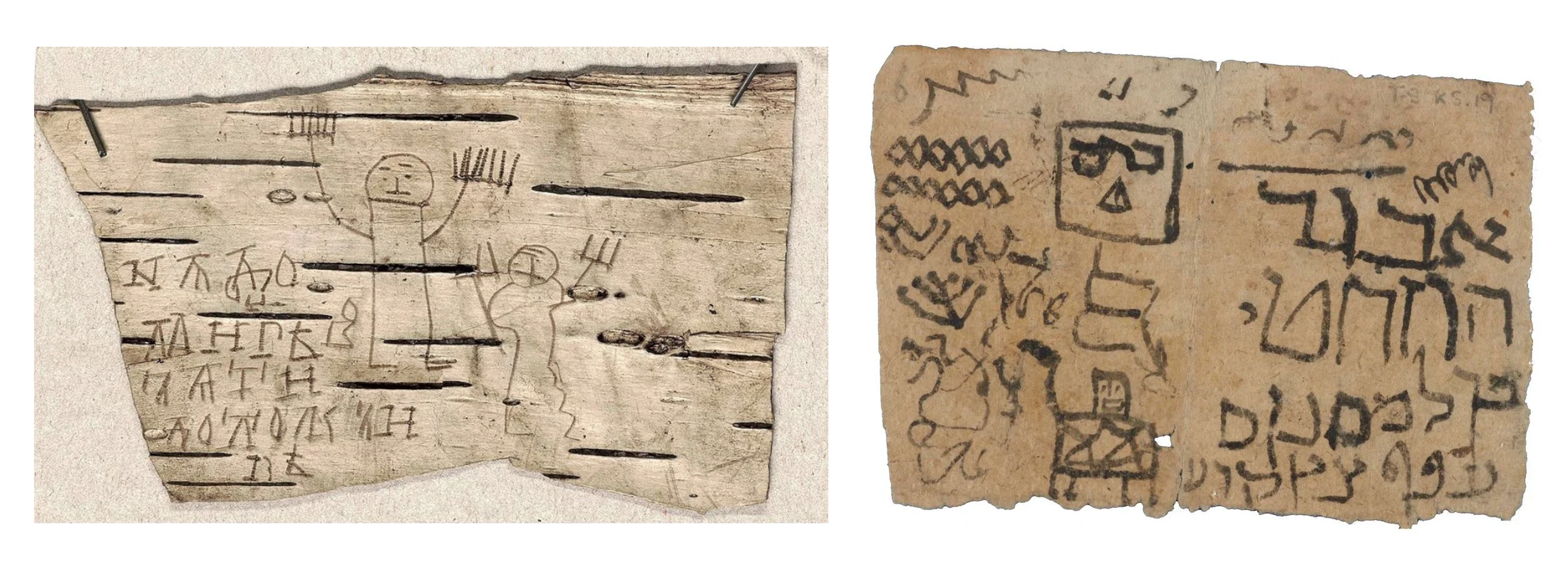 Children learning how to write. Left - a 7 year old boy called Onfim from Novgorod, 13th century Russia; Right - a child learning Hebrew, from Egypt, 1000 years ago.png