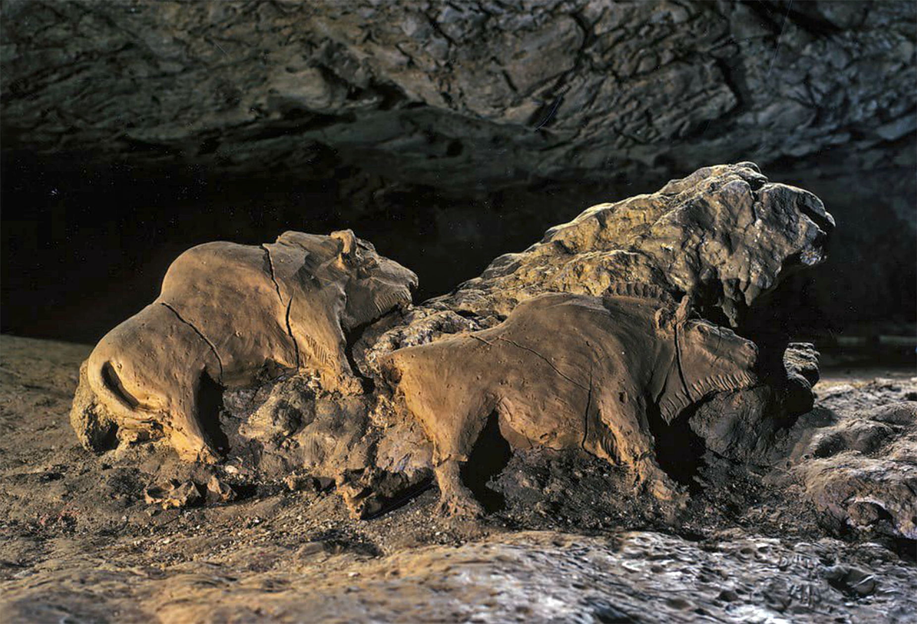 15,000-year-old Bison sculptures at Tuc D'Audoubert cave in France.jpg