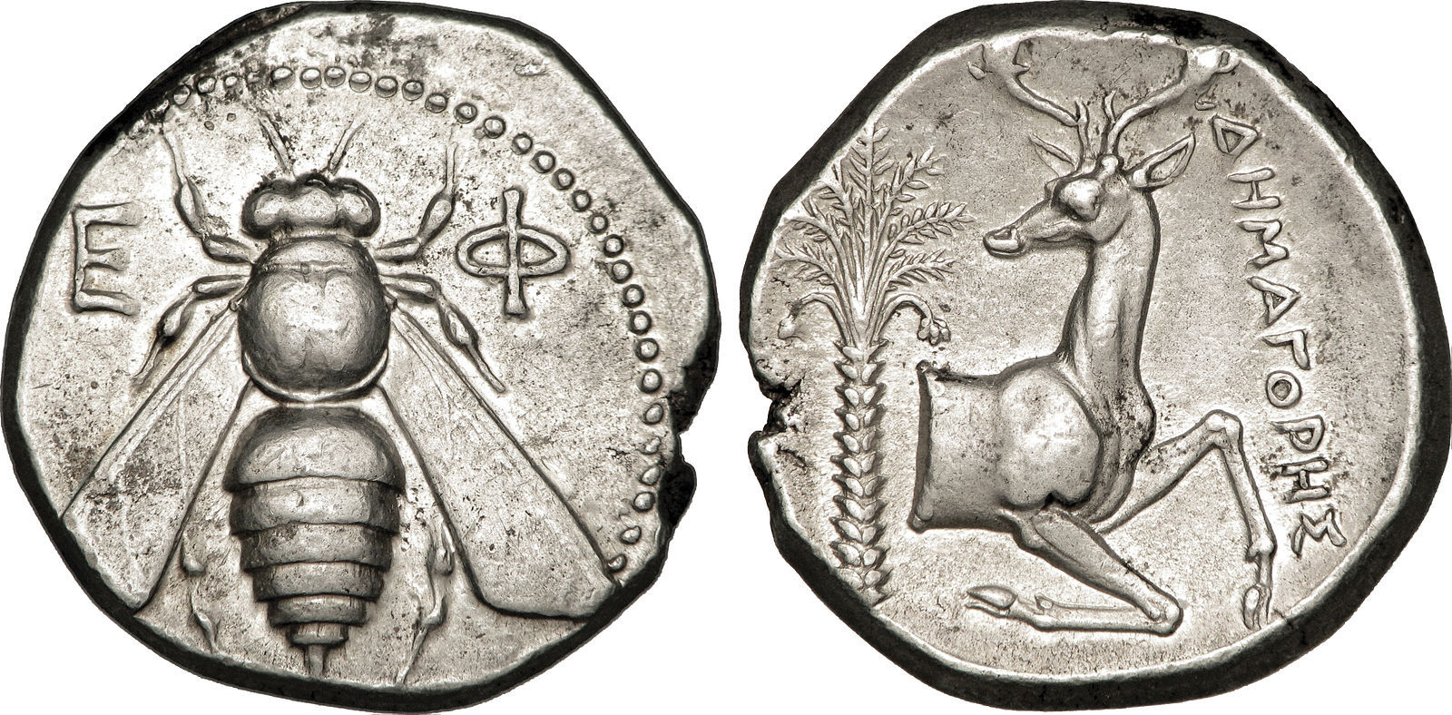 A coin from the Greek city of Ephesus featuring a bee and a stag, 2nd century. The bee, stag, and palm tree are all symbols of the goddess Artemis.jpg