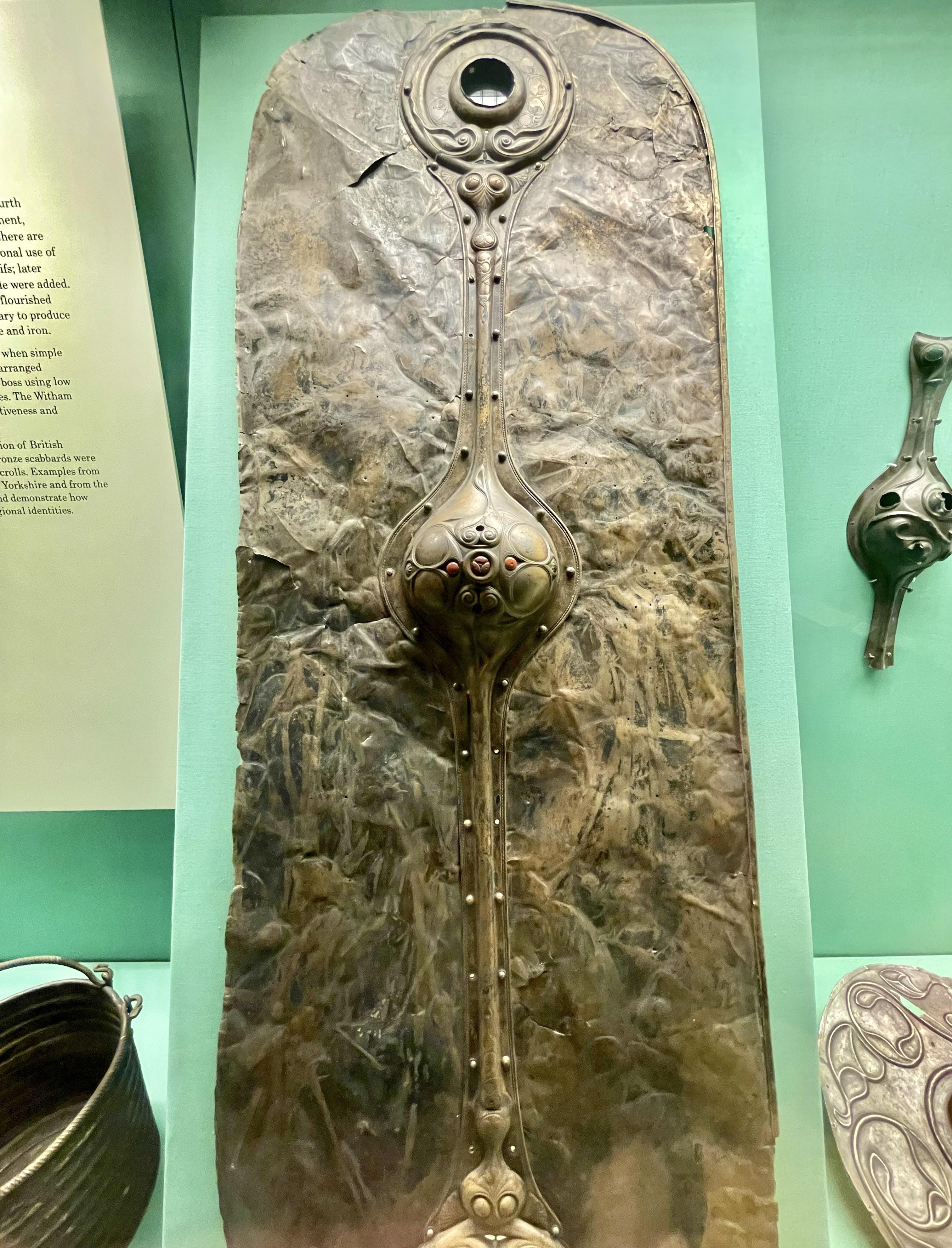 Celtic shield facing in sheet bronze, 400 - 300 BC, from the river Witham near Lincoln, England.jpg