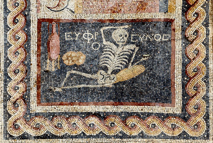 This mosaic was discovered in the Hatay Province of southern Turkey and dates back to the third century B.C. The caption translates to be cheerful, live your life. It is believed to be the oldest surviving meme on earth.jpg