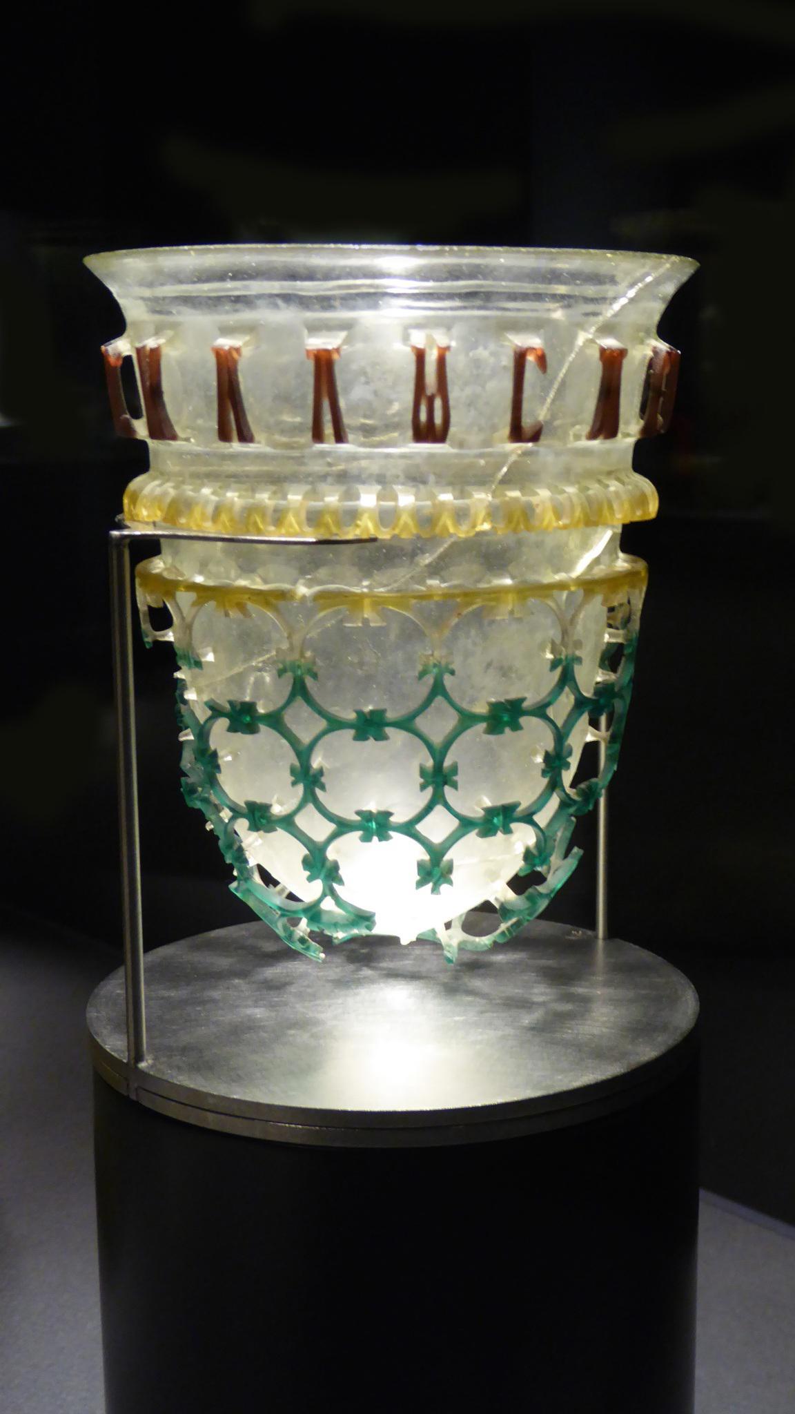 A Roman glass cage cup, found in Cologne, Germany. 4th century CE, now on display at the Roman-Germanic Museum in Cologne.jpg