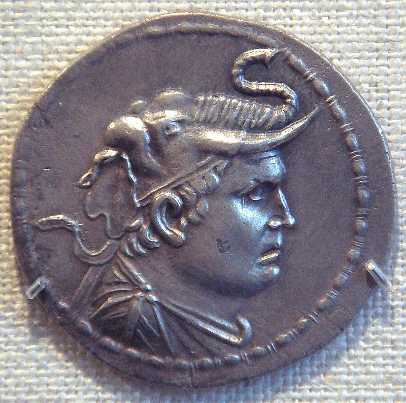 Coin face of Demetrius I, who ruled current day Afghanistan, Pakistan, and parts of Indian after Alexander's death. Died 167 BCE, India.jpg