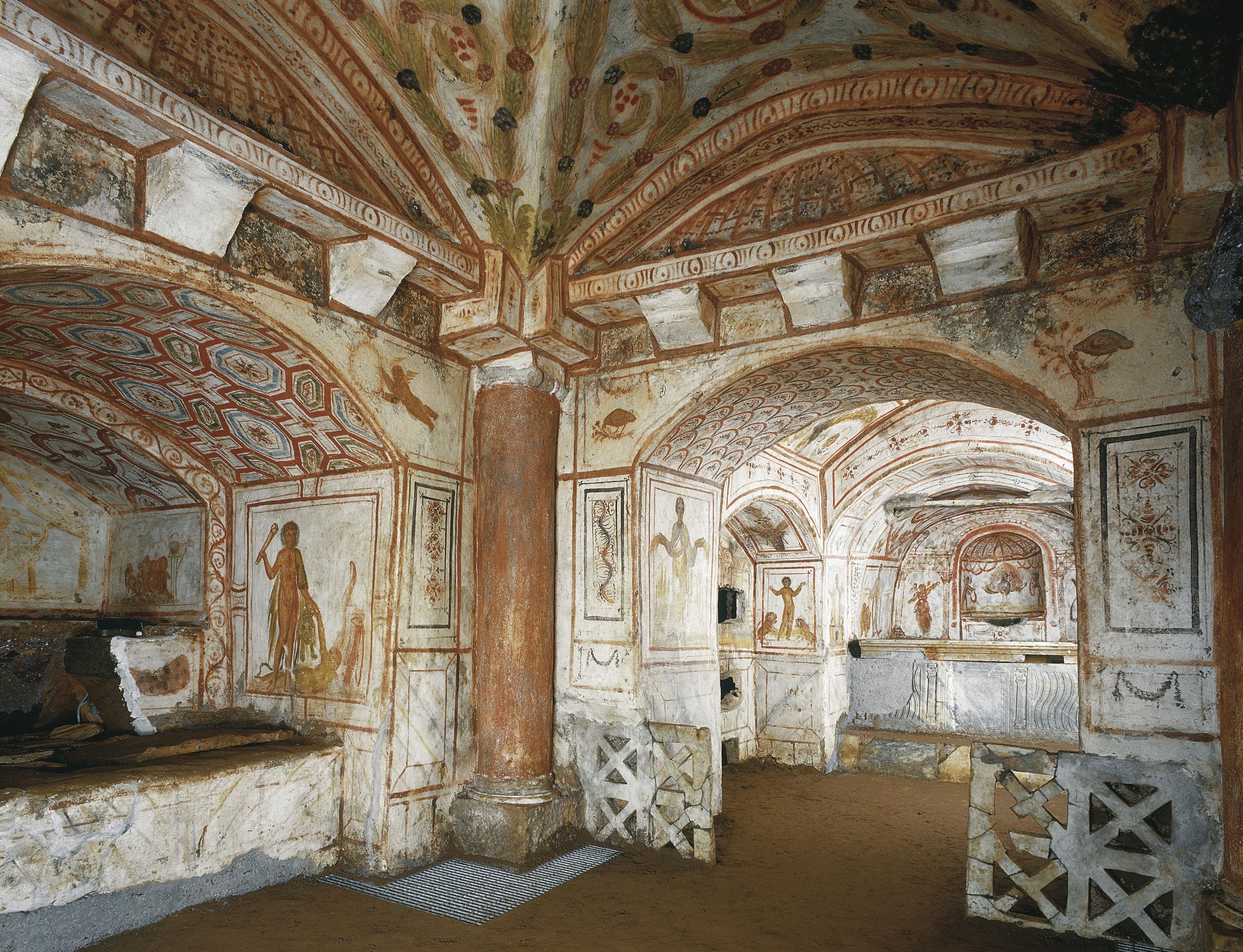 Murals in the Catacombs of Via Latina, depicting both pagan and Christian subjects. Rome, 4th century CE.jpg