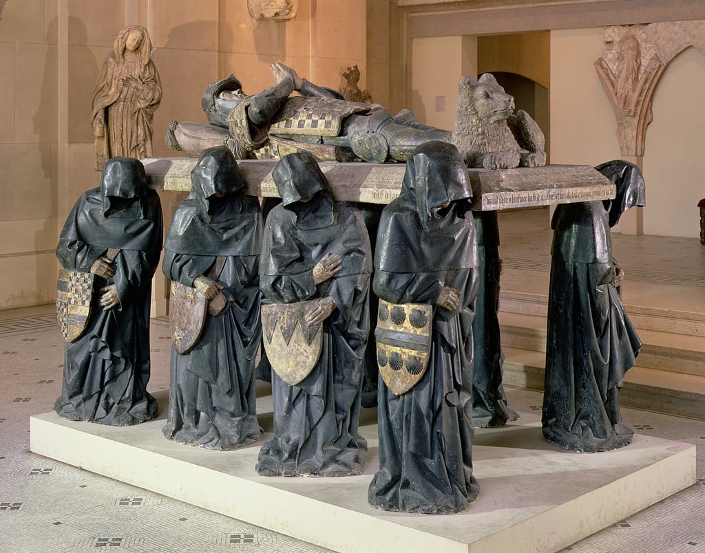 Tomb of Philippe Pot (1428-94) from Citeaux Abbey in France, sculpted by Antoine Le Moiturier, polychrome stone.jpg