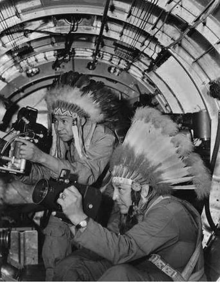B-17 Flying Fortress waist gunner Sgt Gus Palmer and aerial photographer Horace Poolaw of the Kiowa nation. Palmer flew 21 combat missions.jpg