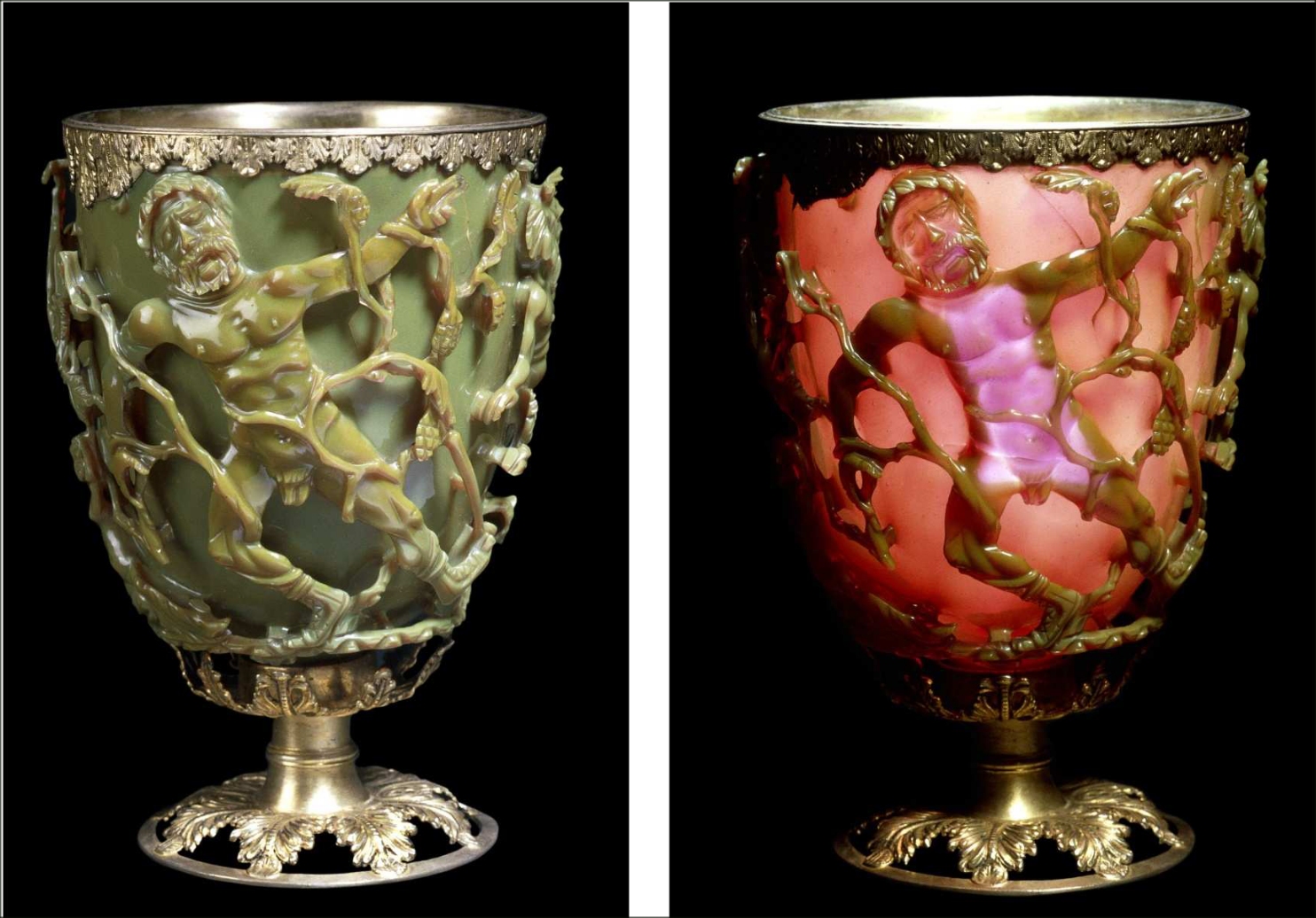 Lycurgus Cup [290–325 AD], Roman Dichroic glass, made by adding gold and silver nano-particles to glass flux. It appears green in reflected light but red in transmitted light.jpg