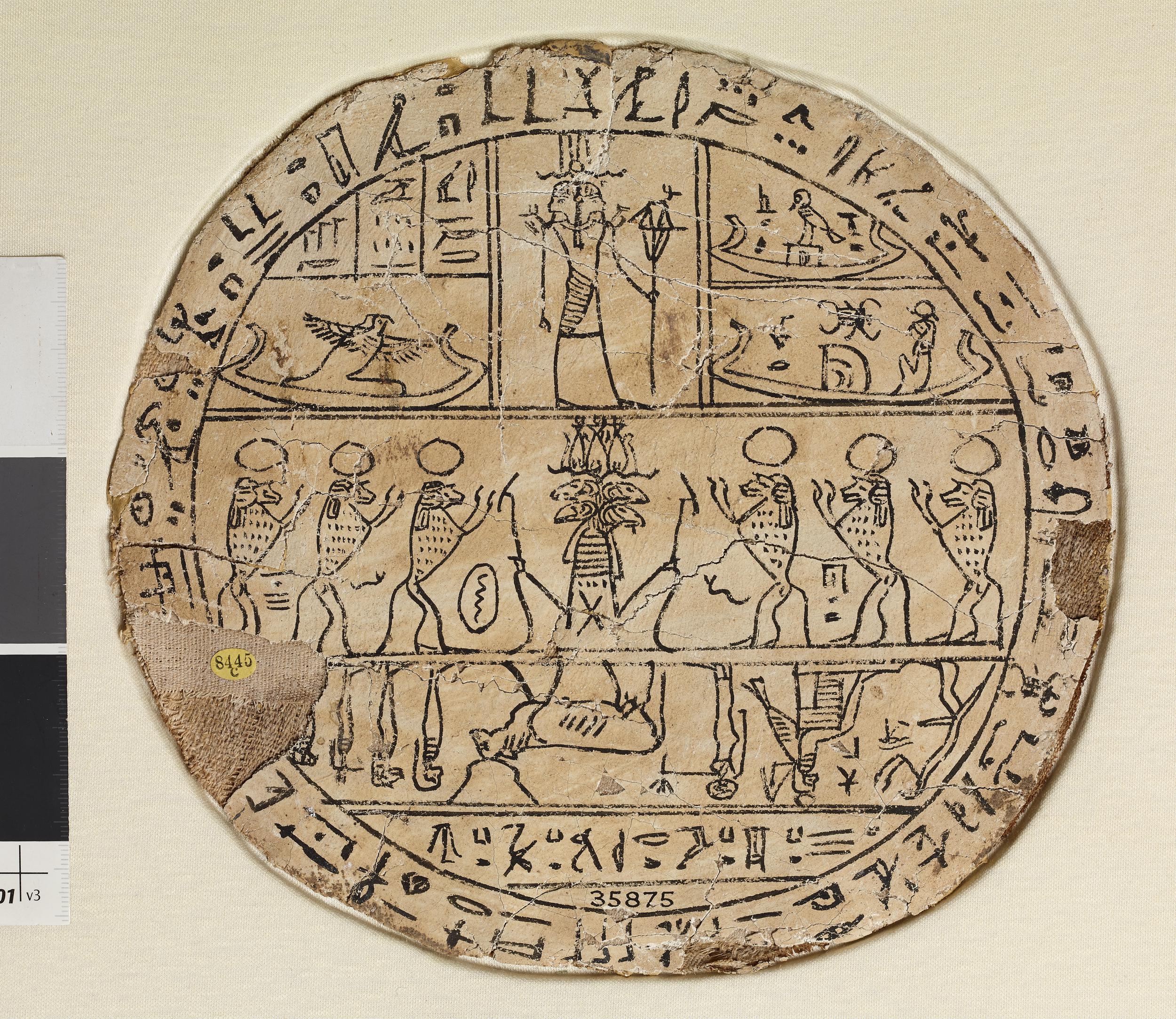 Stuccoed linen hypocephalus decorated with four painted registers of universal deities surrounded by a border of Hieroglyphs. Egypt, Late Period, Graeco-Roman.jpg