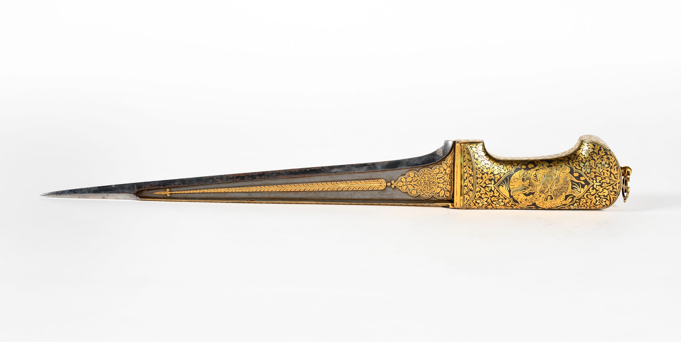 Peshqabz dagger, watered steel damascened in gold with floral design and depiction of hunting of tigers on either side of the hilt, 17th-18th Century CE, India.jpg