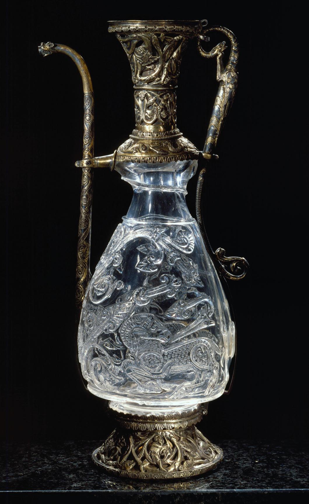 A Fatimid rock crystal ewer carved from a single block of rock crystal. From Egypt, 10th-11th century CE, now on display at the treasury of the Basilica of San Marco in Venic.jpg