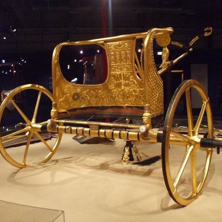 Tutankhamun's chariot at Luxor Museum, 14th century BC. The Egyptian chariots were fast (40 km h) and deadly, firing platforms that wreaked havoc on enemies.jpg