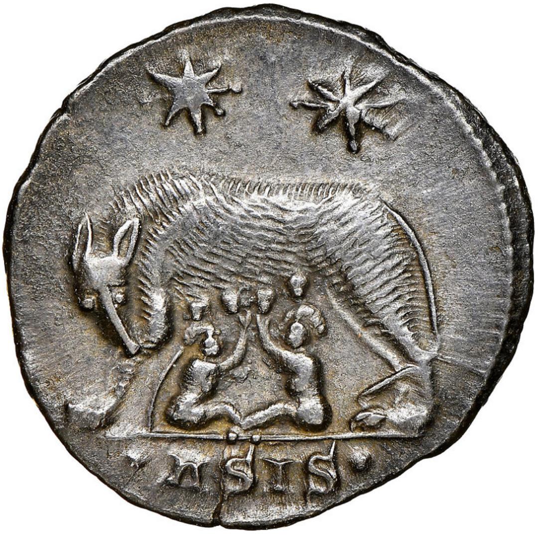 Roman coin featuring the mythological Romulus and Remus (c. 330-340 AD).jpg