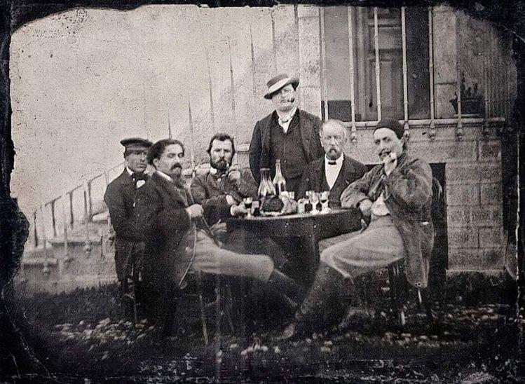 Vincent Van Gogh ( 3rd from left ) and Paul Gauguin ( right ), at rue Blanche Paris, in 1887.jpg
