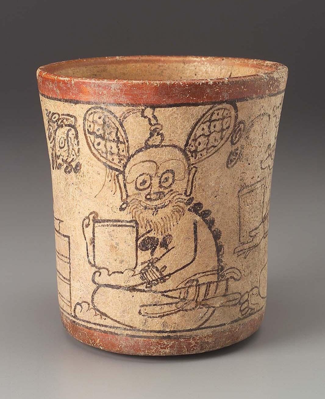 A Maya cylinder vase from Guatemala. Late Classic Period, 680–780 CE, now housed at the Museum of Fine Arts in Boston.jpg