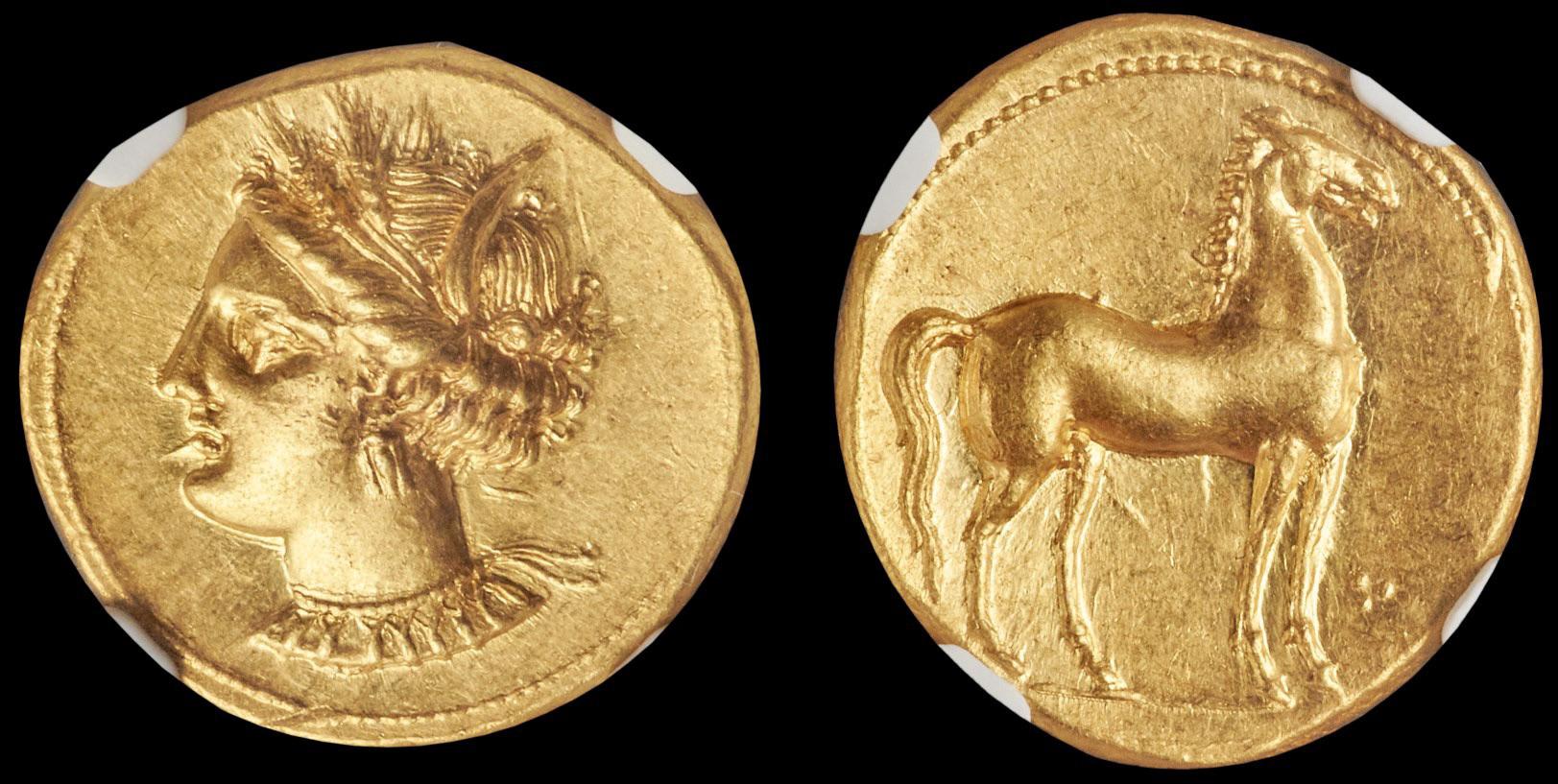 Carthaginian Gold Stater Of The Goddess Tanit & A Punic Horse. Minted 350 BC to 320 BC.jpg