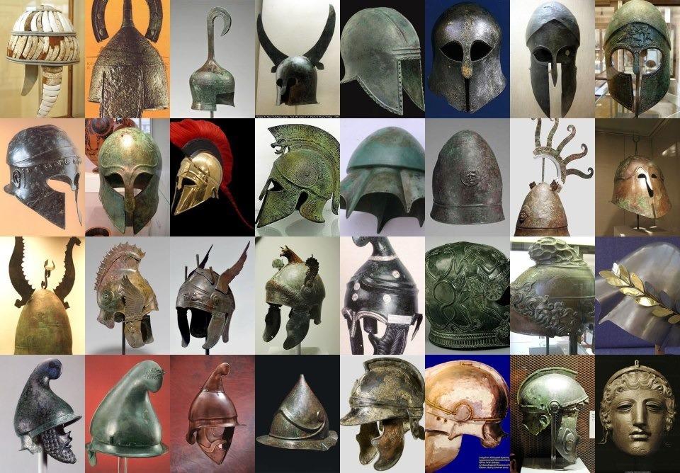 A variety of ancient Greek helmets,dating from the Mycenaean period (about 1600 BC) to the Hellenistic (about 323 BC).jpg