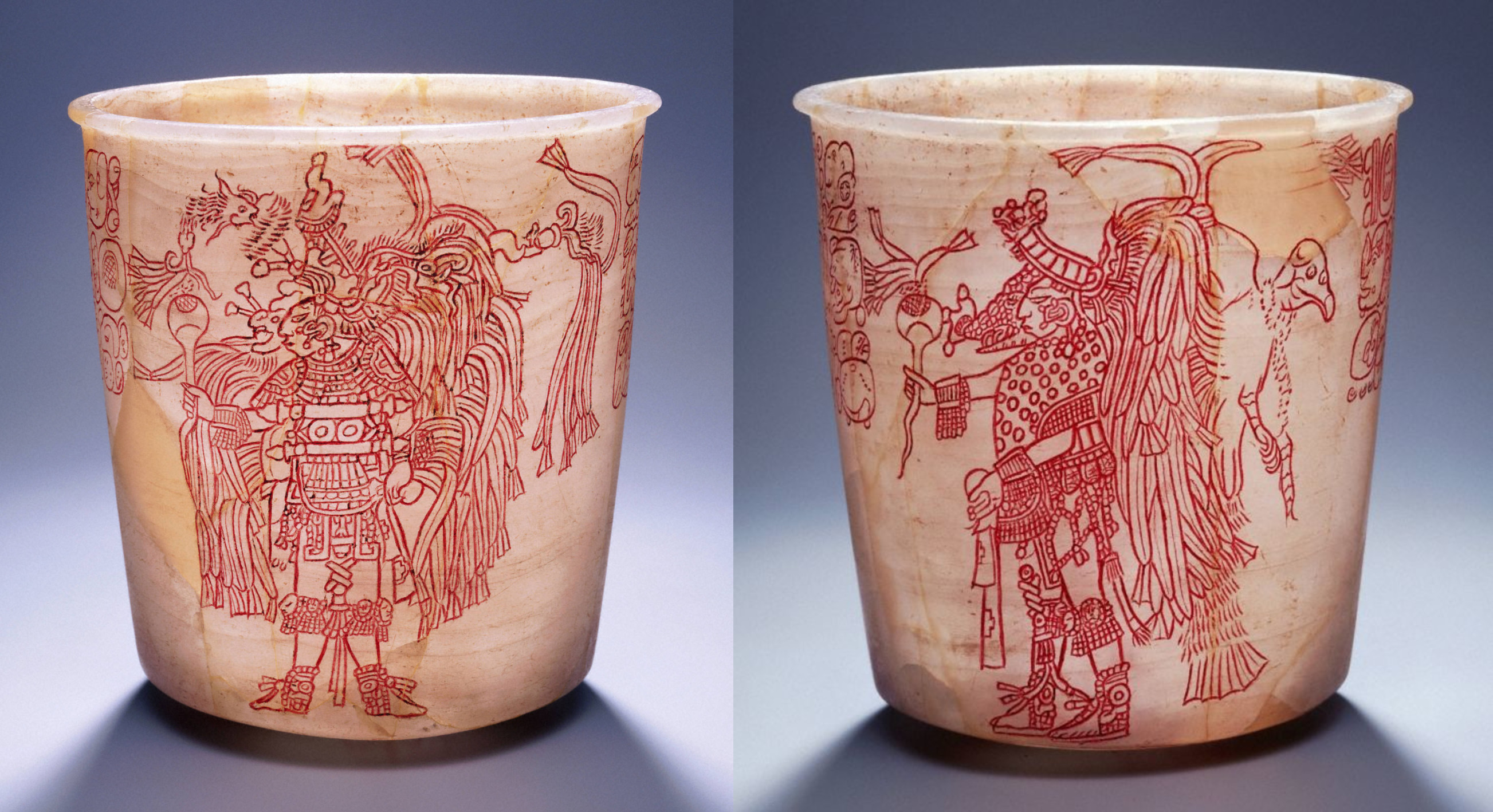 A Maya drinking cup with two men in ceremonial dance costumes, from Copan in Honduras. Travertine with cinnabar, 763-820 CE.jpg