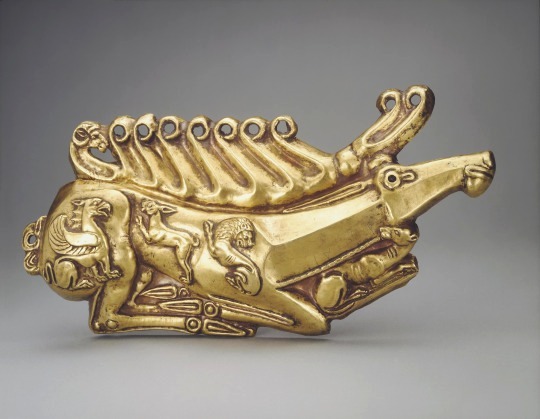 Scythian Gold Stag Plaque, 5th Century BC Found in the Kul Oba Barrow near Kerch, Crimea. Decorated with a griffin, rabbit, lion, panther and a ram.jpg