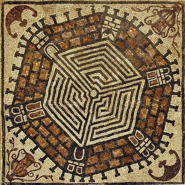 oman mosaic depicting labyrinth surrounded by defensive walls and towers, 3rd-4th century AD, found at remains of imperial palace at Gamzigrad, Felix Romuliana, near Zaječar, Serbia.jpg