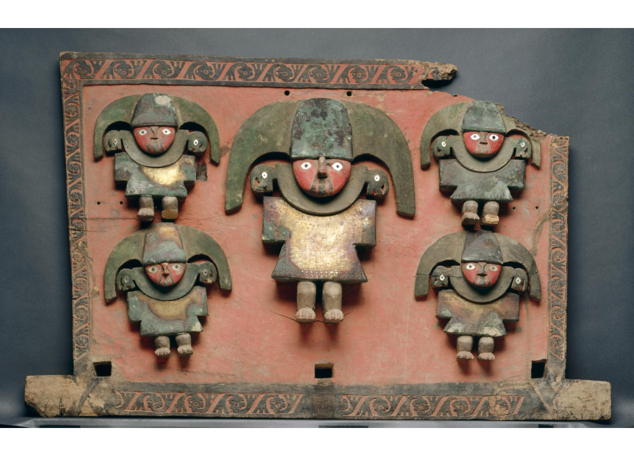 Backrest of a Litter, Chimú people, 900-1470 AD, central Andes. Wood, gold alloy, pigment, shell inlay, the now-corroded metal part were originally golden, now housed at the Cleveland museum of art.png
