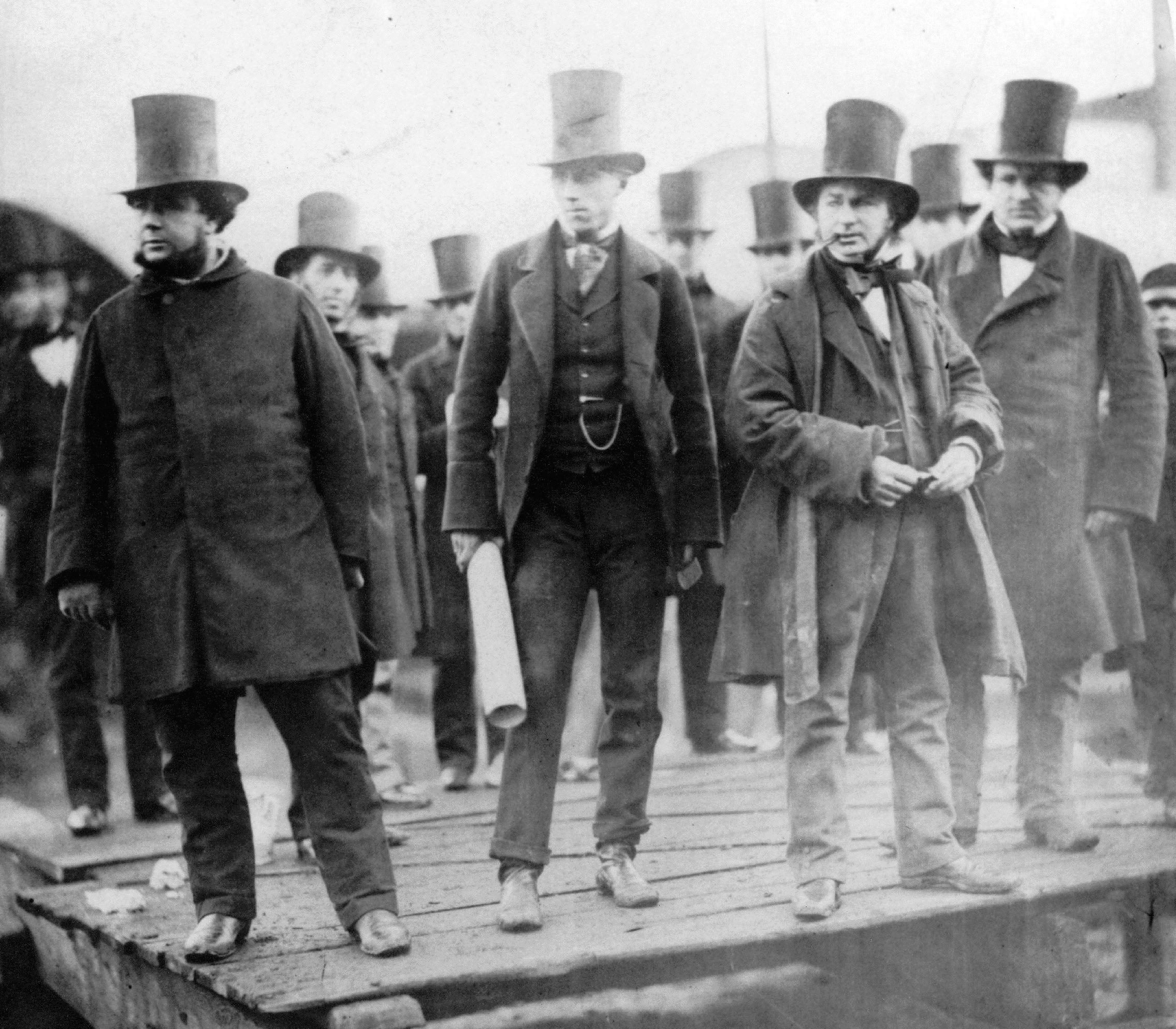 Isambard Kingdom Brunel, William Harrison, John Scott Russell and others at the launching of the SS Great Eastern, London 1857.jpg